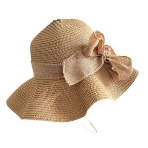Women’s Wide Brim Straw Sun Hat w/ Bow – Floppy Beach Hat Tan Summer Boho